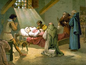 The Death of Christopher Columbus 20/05/1506. Colour engraving of the 19th century. av Unknown artist