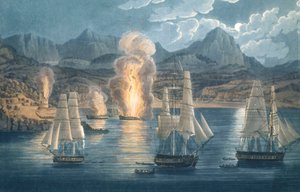 Engelskmennene ødelegger franske skip i Sagonebukta, Korsika 30. april 1811 (farget akvatint) av Unknown artist