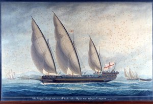 Genova-byssene Raggia og San Giorgio forfølger den algeriske chebecen Uccello. 11. august 1788. Maling av Unknown artist