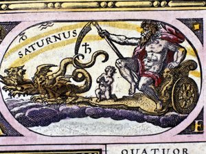 Guden Saturn (Cronos) på en tank trukket av to drager. av Unknown artist