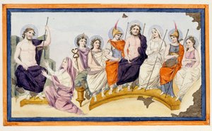 The Gods of Olympus og til venstre Thetis, Akilles mor, står på kne mot Zevs (Jupiter) for å trygle ham om å hjelpe sønnen mot Agamemnon og støtte trojanerne. L