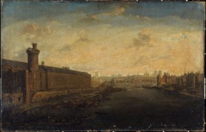 Grande Galerie du Louvre, med Porte Neuve, Pont-Neuf, Cité, Tour de Nesle og Quai Malaquais, rundt 1640, dagens 1. og 6. arrondissement, mellom 1635 og 1645 (olje på lerret) av Unknown artist