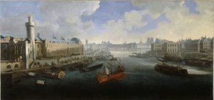 Grande Galerie i Louvre, med Porte Neuve, Pont-Neuf, Cité, Collège des Quatres-Nations under bygging og Quai Malaquais, cirka 1665. På Seinen, den kongelige byssa, mellom 1660 og 1670 (olje på lerret) av Unknown artist