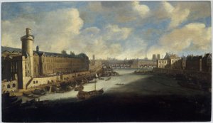 Grande Galerie i Louvre, med Porte Neuve, Pont-Neuf, Cité, Collège des Quatres-Nations under bygging og Quai Malaquais, cirka 1665. På Seinen, den kongelige byssa, mellom 1660 og 1670 (olje på tre) av Unknown artist