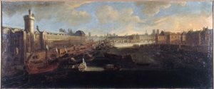 Grande Galerie of Louvre, med Porte Neuve, Pont-Neuf, Cité, Collège des Quatres-Nations under bygging og Quai Malaquais, ca. 1665, på Seinen den kongelige byssa, dagens 1. og 6. arrondissement, mellom 1660 og av Unknown artist