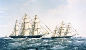 The Great Clipper Ship Race i 1866 mellom 'Ariel' og 'Taeping' som brakte den nye teavlingen fra Kina til London (farge litho) av Unknown artist