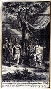 Grekerne, forbauset over deres nederlag, sendte Ulysses, Ajax og Phenix til Akilles for å be ham om å vende tilbake til leiren. Denne prinsen avviser stolt bønnene deres og sender dem deretter hardt tilbake. Illustrasjon av bok IX av Iliaden av Homere, fra av Unknown artist