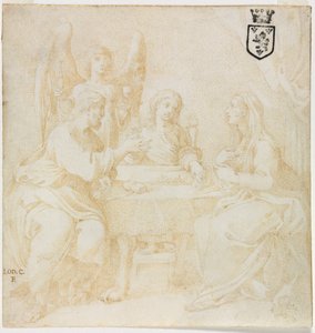 Den hellige familie ved bordet servert av en engel av Unknown artist