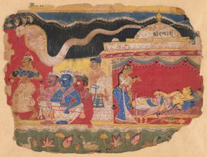 Spedbarnet Krishna som ble drevet bort av Vasudev, fra en kopi av den spredte Bhagavat Purana av Unknown artist