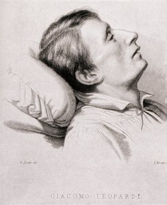 Den italienske poeten Giacomo Leopardi (1798-1837) på dødsleiet. Gravering av 1800-tallet av Unknown artist
