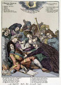Kongen besvimte og hoffmennene omringer ham, sørget: hån mot Ludvig XIVs jakkeslag i Nederland og Italia i 1706 av Unknown artist