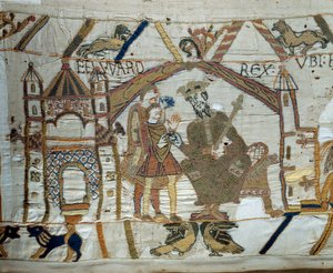 Kongen av England Edward the Confessor instruerer Harold å gå og bekrefte for hertugen av Normandie Vilhelm Erobreren (1027-1087) at han vil være hans etterfølger til Englands trone. Detalj av billedvev av Bayeux eller broderi av dronning Mathilde av Unknown artist