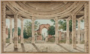 Moskeen i Delhi og jernsøylen av Unknown artist