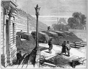 Pariserkommunen i 1871. Barricade des federes (communards) på hjørnet av Rue de Rivoli og Place de la Concorde. av Unknown artist