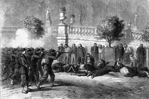 Pariserkommunen i 1871. Henrettelse av federes (communards) i Luxembourghagen under den blodige uken fra 22. til 28. mai 1871. Det sjette arrondissementet var et av de første som ble okkupert av den vanlige hæren. Blant de føderale fangene ble noen sendt av Unknown artist