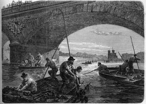 Pariskommunen i 1871. Fiske etter våpen kastet i Seinen under Austerlitz-broen av Federes (communards) på tidspunktet for den endelige debatten i kommunen. av Unknown artist