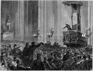 Pariserkommunen i 1871. St. Eustatius kirkeklubb. Kirkene ble bedt av de føderale om kvelden for å holde møter og debatter. Disse klubbene hadde et tredelt formål med utdanning, informasjon og uttrykk. av Unknown artist