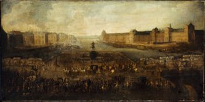Pont-Neuf, sett fra inngangen til Place Dauphine, Quai Malaquais med Collège des Quatres-Nations, Grande Galerie og Louvre, cirka 1665 av Unknown artist