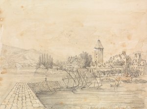 Havnen i Ouchy; grafittstudie av to kvinner med caps av Unknown artist