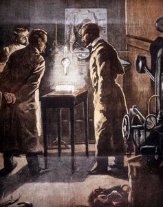 Røntgen (Rontgen) eller røntgenstråler. Oppdaget i 1895. Illustrasjon som representerer eksperimentet. av Unknown artist
