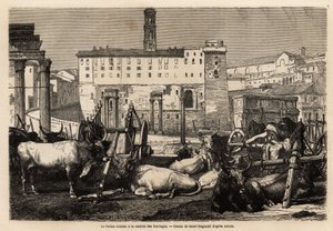 Forum Romanum har leie av fôr, oksene ligger midt i kjerrer og gamle ruiner. Engravure pour illustrrer le voyage à Rome, av Francis Wey, i 1864-1868, publisert i "" Le tour du monde""" 1869, redigert av Edouard Charton, utgave Hachette, av Unknown artist