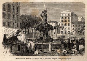Tritonfontenen, i Roma, opprettet i 1643 av Gian Lorenzo (Gianlorenzo) Bernini kjent som Le Bernini (1598-1680), på Barberini-plassen. Gravering for å illustrere reisen til Roma, av Francis Wey, i 1864-1868, publisert i "Le tour du monde, nouveau av Unknown artist