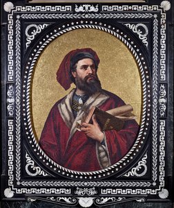 Den venetianske oppdageren Marco Polo holder verket «The Book of Wonders» under armen og gjengir sine reiser av Unknown artist
