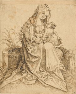 Jomfru Maria og barnet på en gresskledd benk av Unknown artist