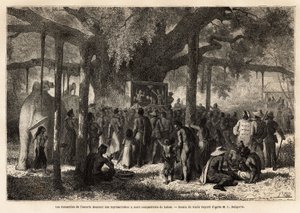 Annamittene til Garniers eskorte gir en improvisert representasjon til sine landsmenn i Lakon (Laos), etter å ha satt opp et lite dukketeater ved foten av en banian med en enorm koffert. Gravering for å illustrere utforskningsreisen i Indokina, av Unknown artist