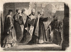 Erkebiskopen Saint Ambrosius av Milano (Aurelius Ambrosius, Ambrogio di Milano (340-397) forbød inngangen til kirken til den romerske keiseren Theodosius I (Flavius Theodosius) (347-395) for å straffe ham for massakren i Thessalonica i 390 - Excommunicati av Unknown artist