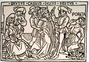Attentatet på Jules Cesar (100-44 f.Kr.): han blir knivstukket av Brutus og Cassius mens Porcie, Brutus' kone forsvinner. Xylografi av Roma fra 1500-tallet, Biblioteca Vallicelliana ©Luisa Ricciarini/Leemage av Unknown artist