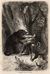 Forfatteren blir under en ekskursjon rundt Jacksonville overrasket i skogen av en tambjørn og kjede. Gravering for å illustrere historien fire måneder i Florida, av Achille Pousselgue i 1851-1852, publisert i "" Le tour du monde"" 1870-1871, redigert av Unknown artist