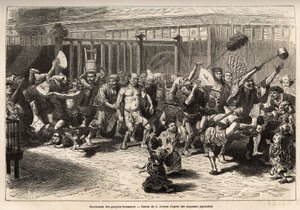 Bryggernes bacchanal, på nyttårsaften, etter å ha mottatt lønn og festoye, går de inn i en gledelig og støyende prosesjon i Edo (dagens Tokyo), utstyrt med en enorm sakevask og en lang støvsuger for å skyve taket , prinsen av d av Unknown artist