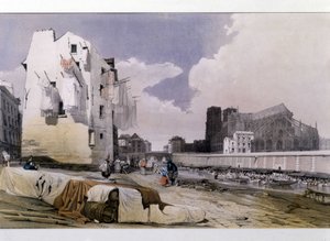 Bredden av Seinen og Notre Dame de Paris - litografi av Unknown artist