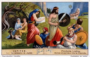 Jupiters fødsel, Rhea skjuler ham i hemmelighet og gir en stein pakket inn i lin til Titan Saturn - Liebig-kromolitografi av Unknown artist