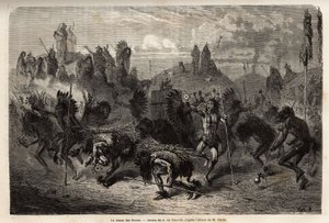Bisondansen utført av krigerne i Mandans-indianerne (eller noumah ka kie: fasaner) på venstre bredd av Missouri. Gravering for å illustrere en ekskursjon blant indianerstammene i bassengene i Colombia og Upper Missouri, av G. Catlin, i 1855, s. av Unknown artist