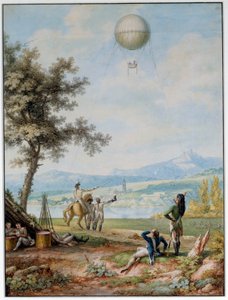 Blokaden av Mainz: høyborgen er omringet av hæren til den første koalisjonen 14.04.1793. En ballong over byen i en beleiringstilstand brukt til militære formål. 1700-tallstrykk. Paris. Luftmuseum av Unknown artist