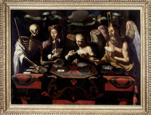 The brelan of human life, oil on anonymous canvas 18th century. av Unknown artist