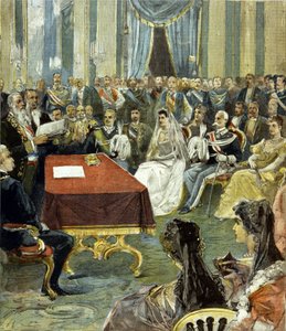Det borgerlige ekteskapet til prinsen av Napoli - som ble Victor Emmanuel III (Victor Emmanuel) (Vittorio Emanuele) - med prinsesse Helene av Montenegro ved Quirinal-palasset i 1896. I midten kan du se Humbert I (Umberto) til venstre for bruden. av Unknown artist