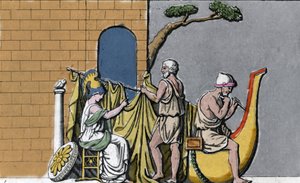 Byggingen av skipet Argo, assistert av Minerva, med det hellige treverket til eikene i Dodone. av Unknown artist