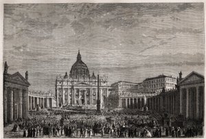 Folkemengden skyndte seg til Petersplassen i Vatikanet for å motta påskens store velsignelse av pave Pius IX (1792-1878). Gravering for å illustrere historien om den hellige uke i Roma, i 1863, av Ludovic Celler, i «Le tour du monde, nouveau journal des vo av Unknown artist