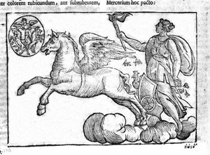 Daggry (solens vogn). Allegori om soloppgangen med karakterene fra gresk og romersk mytologi på himmelen. Gravering fra "Mythology and Explanations of Fables" av Natalis Comitis. 1637. av Unknown artist