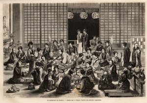 Spisesalen til Yokohama Theatre er permanent fylt, selv under forestillingen. Gravering for å illustrere reisen til Japan, av Aime Humbert, minister for det sveitsiske konføderasjonen, i 1863-1864, publisert i "" le tour du monde", under den alvorlige av Unknown artist