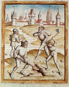 Oppdagelsen av en skattmester i forstedene til en befestet by Miniatyr hentet fra en tysk oversettelse av fablene om "Kalila (Calila) og Dimna" av Bidpai. (ms. 1389, fol. 1) rundt 1480 Chantilly, museum Conde av Unknown artist