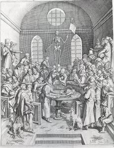 Disseksjonsgruppen av leger og forskere ble gjenforent for å følge en disseksjon i et amfiteater. Gravering fra 1788 av Unknown artist