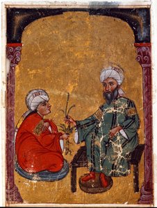 Legen og botanikeren Pedanius Dioscoride (Dioscorides) (40-90 e.Kr.) som forklarer en av studentene sine fordelene til miniatyrplanter hentet fra hans avhandling "De materia medica"" (Fol. 2 verso) Fra Irak. 1229 Topkapi Sarayi museumsbiblio av Unknown artist