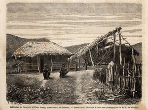 Boligen og verftet til en engelsk byggmester i nærheten av Noumea, som bruker urfolksarbeid eller fordømmer dem til slutten av deres tid med hardt arbeid. Engravure pour illustrrer le voyage à la Nouvelle Caledonie, av Jules Garnier, sivilingeniør i gruver av Unknown artist