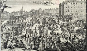 Forlegenheten til Pont Neuf i Paris. Illustrasjon av trafikk og trafikkork i gatene i Paris på 1700-tallet. Gravering fra 1710. Paris, Musee Carnavalet av Unknown artist