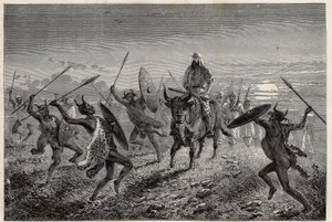 Eskorten som er tildelt den reisende Baker, utfører en fantasi før avreise til Lake Albert (eller Albert Nyanza). Gravering for illustrasjon av turen til Lake Albert, i 1861-1864, av Sir Samuel White Baker, i "Le tour du monde, nouveau journal des voyages av Unknown artist