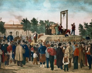 Henrettelsen 13.03.1858 av Felice Orsini (1819 - 1858) og Pieri som utførte angrepet 14. januar 1858 mot Napoleon III på Place de la Roquette i Paris Litografi fra slutten av 1800-tallet. Milanos private samling av Unknown artist